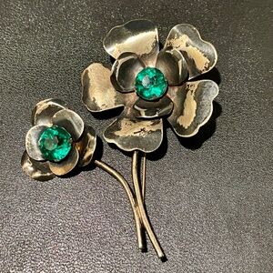 Vintage 1940’s Sterling Silver Vermeil Art Deco Double Flower Rhinestone Brooch